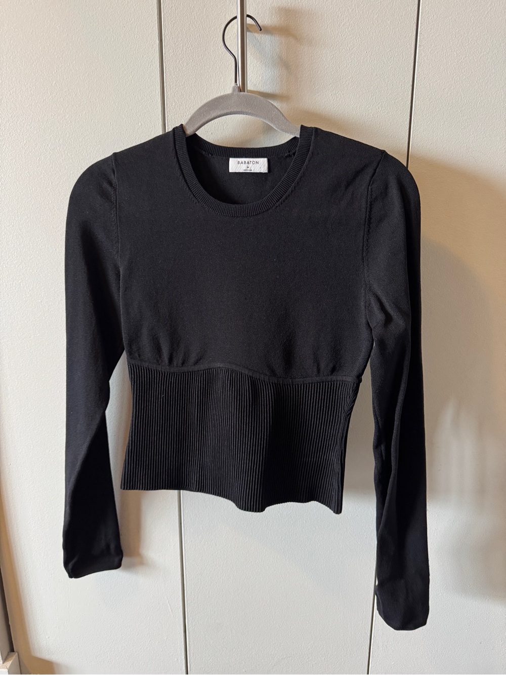 Babaton Black Fitted Ribbed-Waist Long Sleeve Top